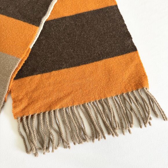 Express Wool Cashmere Scarf Made in Scotland Orange Brown Colorblock Fringe - Picture 4 of 6